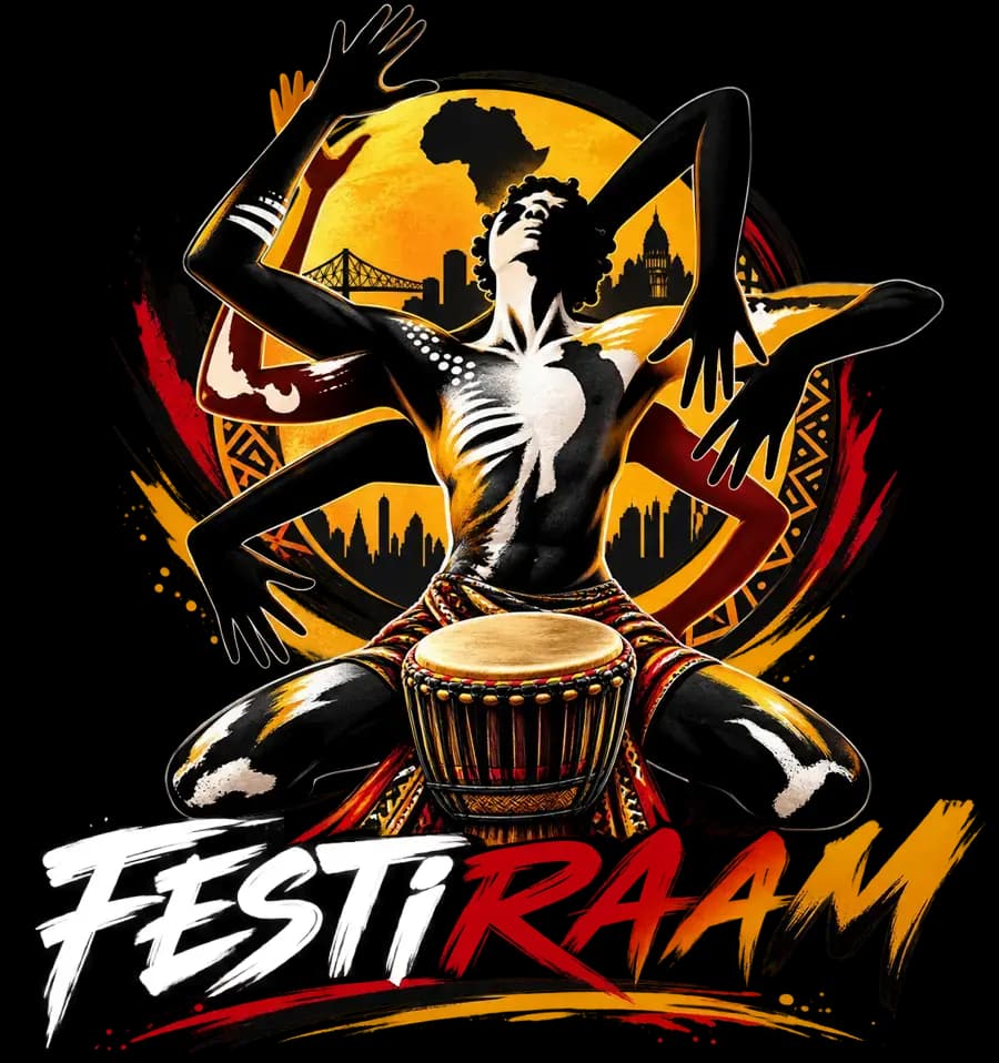 FESTIRAAM festival artwork — drummer, sun, Africa and Montreal skyline